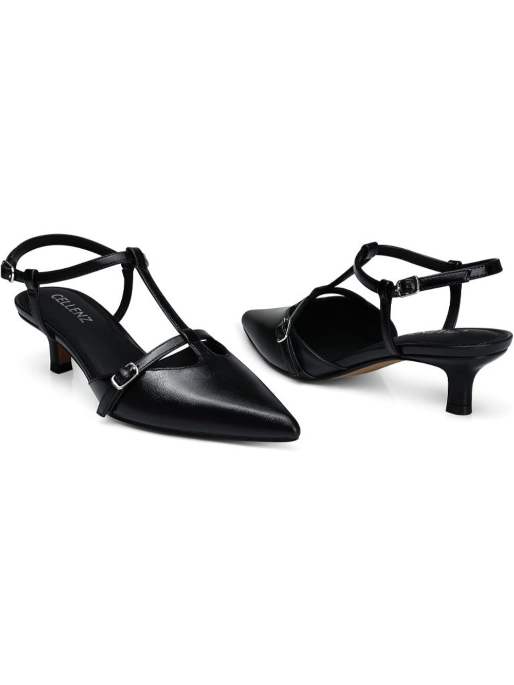 Women's Low Heel Pumps 2 Inch Kitten Heels Ankle Black Pu Strappy Slingback Pump - Picture 4 of 5